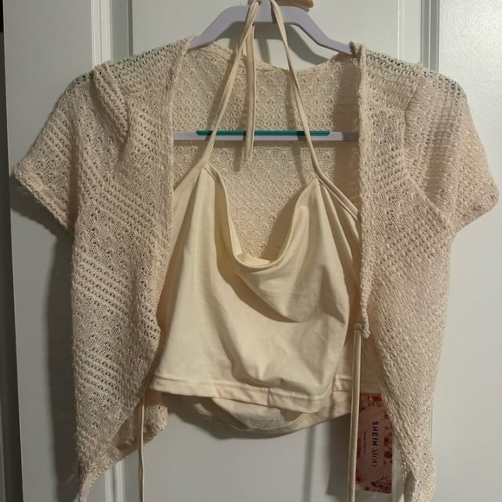 Cream Knit Cardigan and Halter Top Set